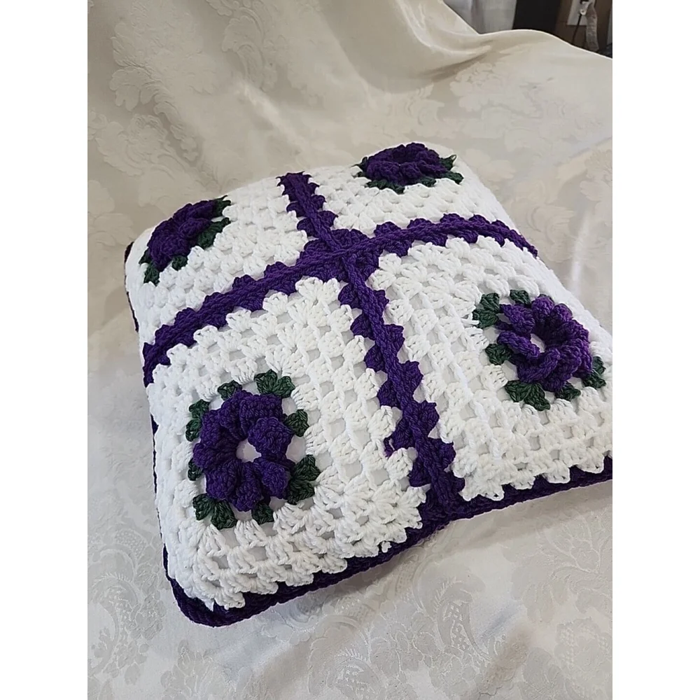 NEW, Hand Crochet Granny Square Throw Pillow Purple White 20